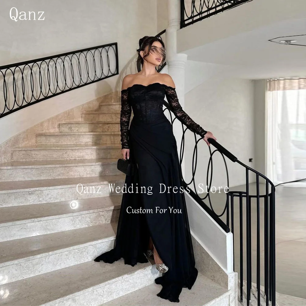 Qanz Customized Black Formal Evening Dresses Women Plus Size Full Sleeves Lace High Slit Prom Dress Mermaid Party Long Dress