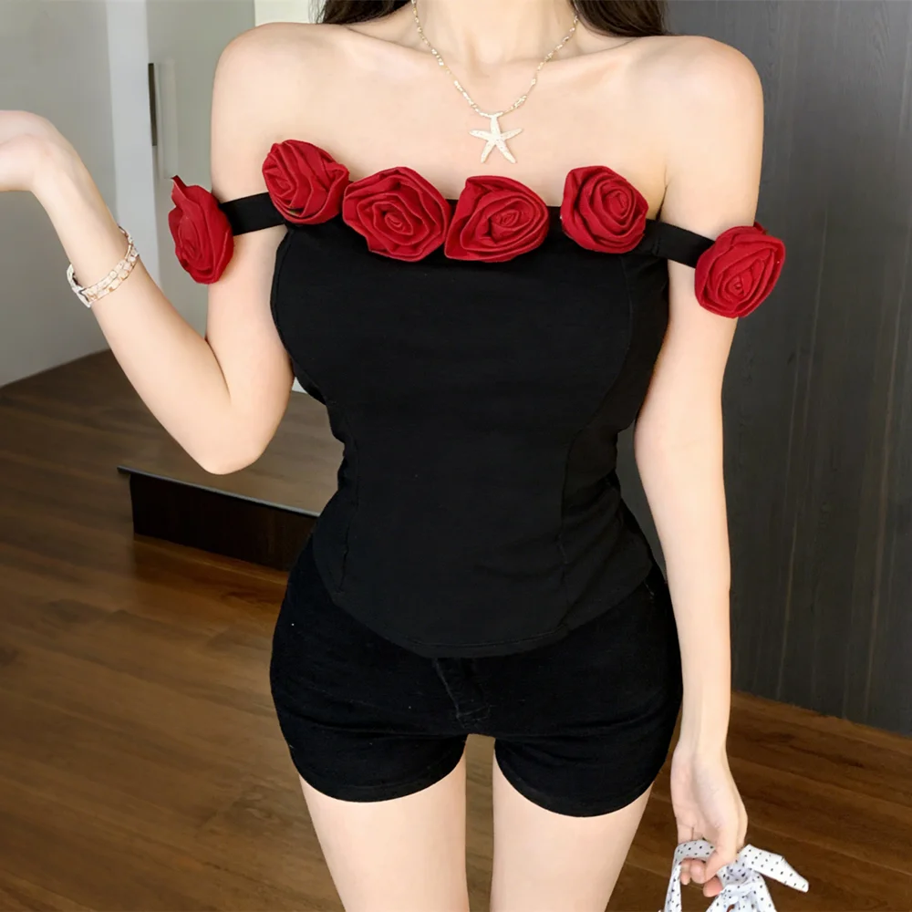 Sexy Korean Slash Neck Short Tops Slim Solid T-Shirts Nightclub Girl Tshirt Summer Fashionable 3D Rose Floral Appliques Tshirt