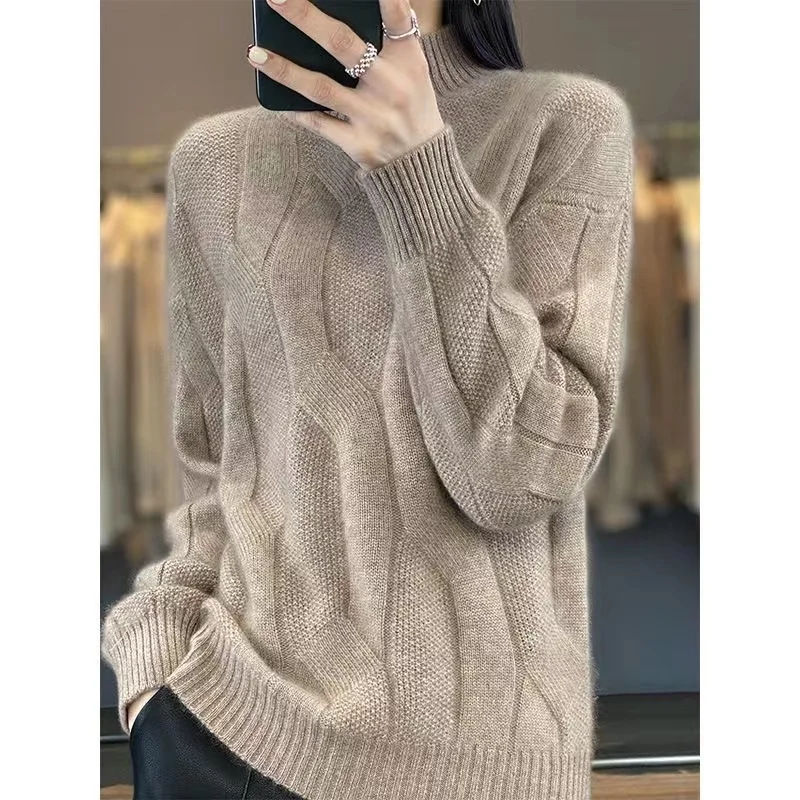 2024 Autumn and Winter New Thick Cashmere Sweater Women Half  Turtleneck Pullover Sweater Warm Loose Knitted Sweater Tops