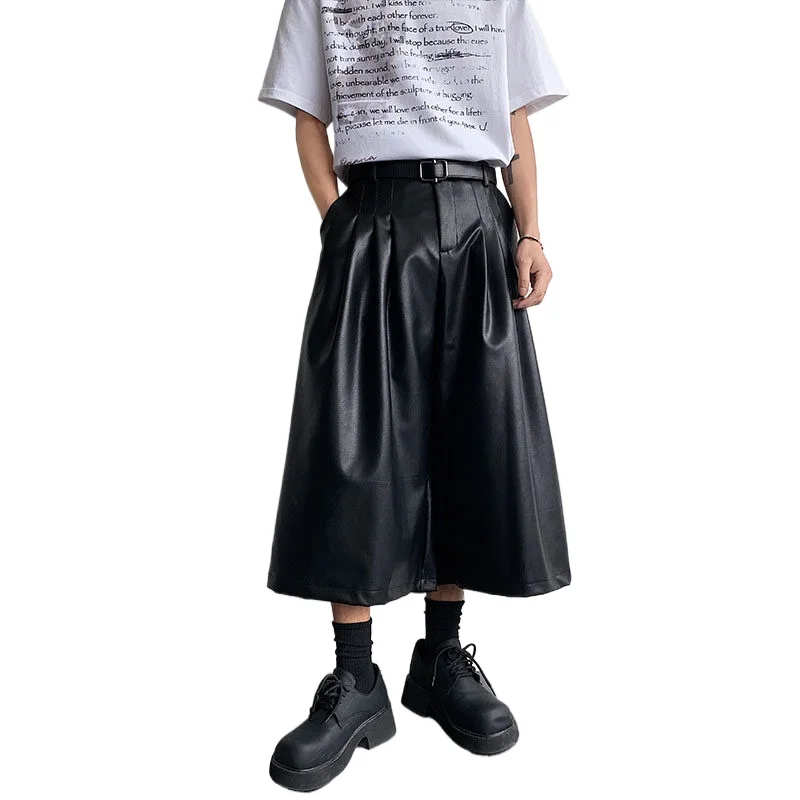 Men PU Leather Wide-leg Skirt Pants Streetwear Fashion Punk Gothic Loose Casual Calf-length Harem Pants Women Trousers