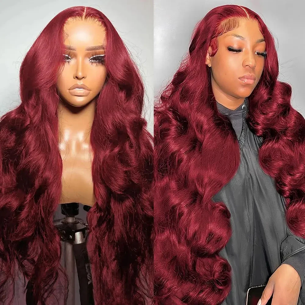 Perruque Lace Body Wave Naturelle Bordeaux 99J, Cheveux Humains, Vin Rouge, 13x4, 30 Pouces, 200%, Pre-Plucked, pour Femme