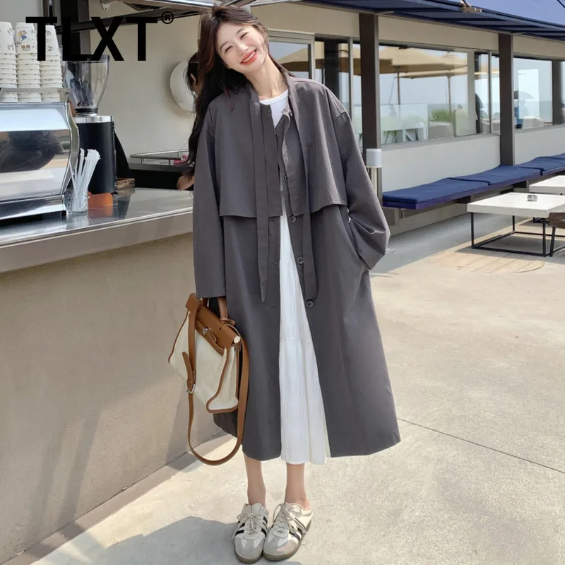 

TLXT Elegant Women's Long Gray Trench Length Coat Notched Lapel Pockets Stylish Loose Fit Outerwear Fall 2025 Autumn New XK1638