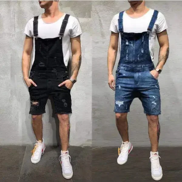 Men Overalls Playsuits Denim One Piece Jeans Shorts Rompers Washing Slim Fit Holes Pockets Distressed Spliced Streetwear 2024