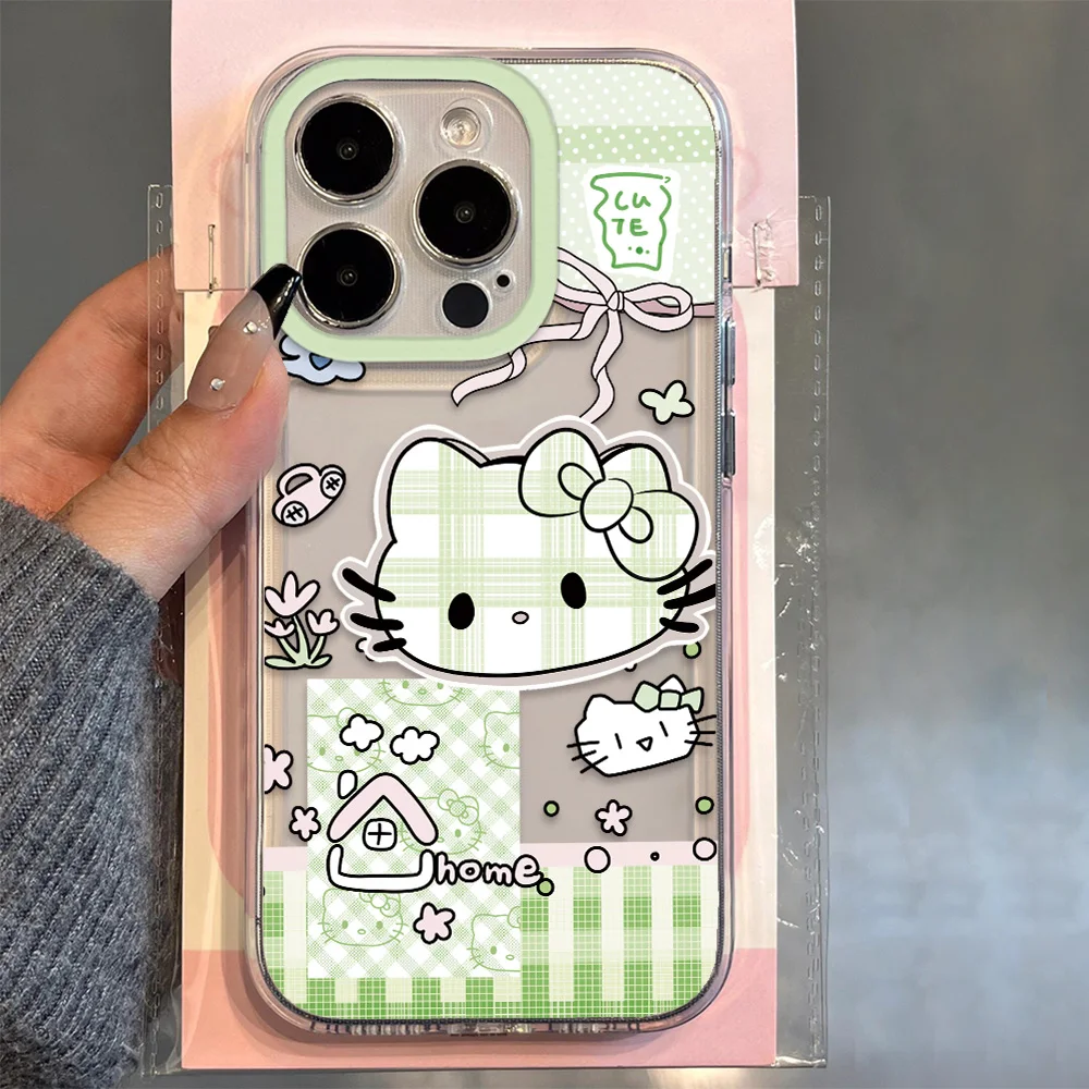 

Cute Green Lattice Hello Kitty Phone Case For Xiaomi 11 11Lite 12 12Lite 12T 13 14 Poco F4 F5 X4 X5 M45 Pro 5G Transparent Cover