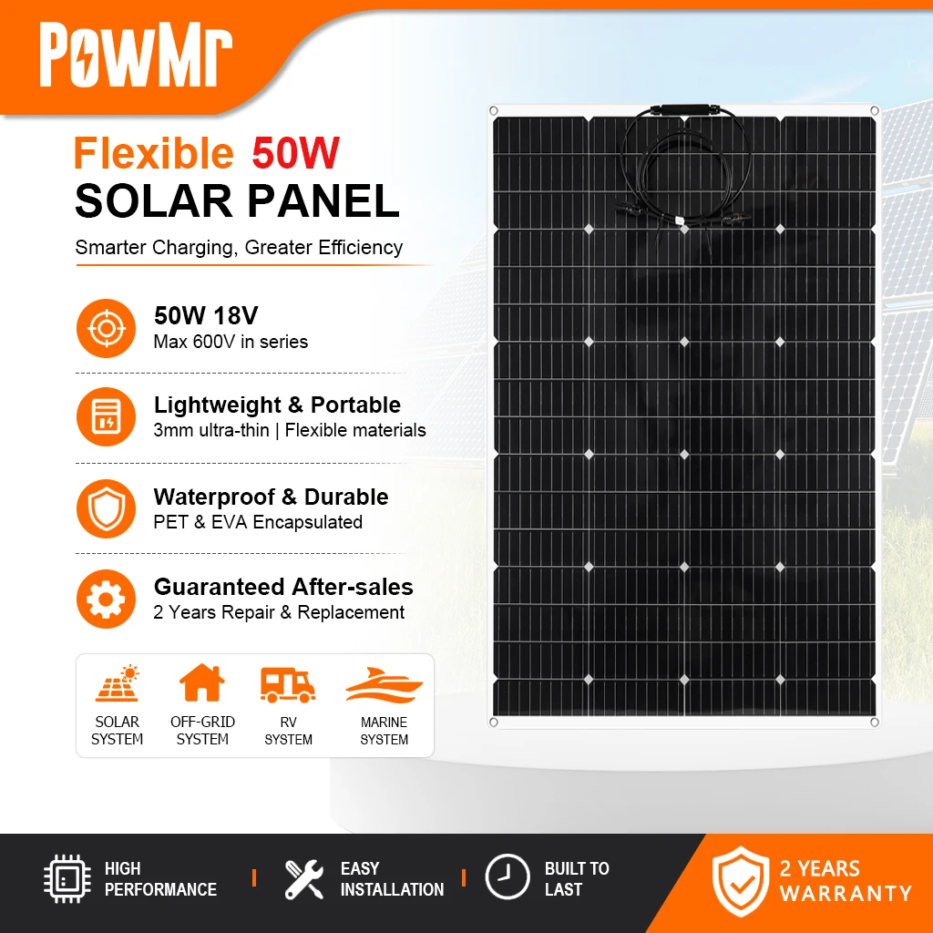 Pannello solare monocristallino flessibile PowMr 50W FLW-LTW 18V 2,78A, caricatore solare portatile e pieghevole per camper, barche, caravan, ricarica batterie 12V, campeggio all'aperto