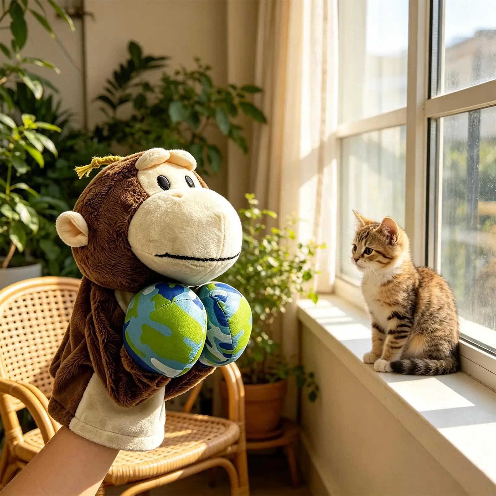 Cat Wrestling Puppet With Sound Monkey Funny Interactive Soft Stuffed Animals Dog Boxing Play Punching Gloves For Puppy Kitten