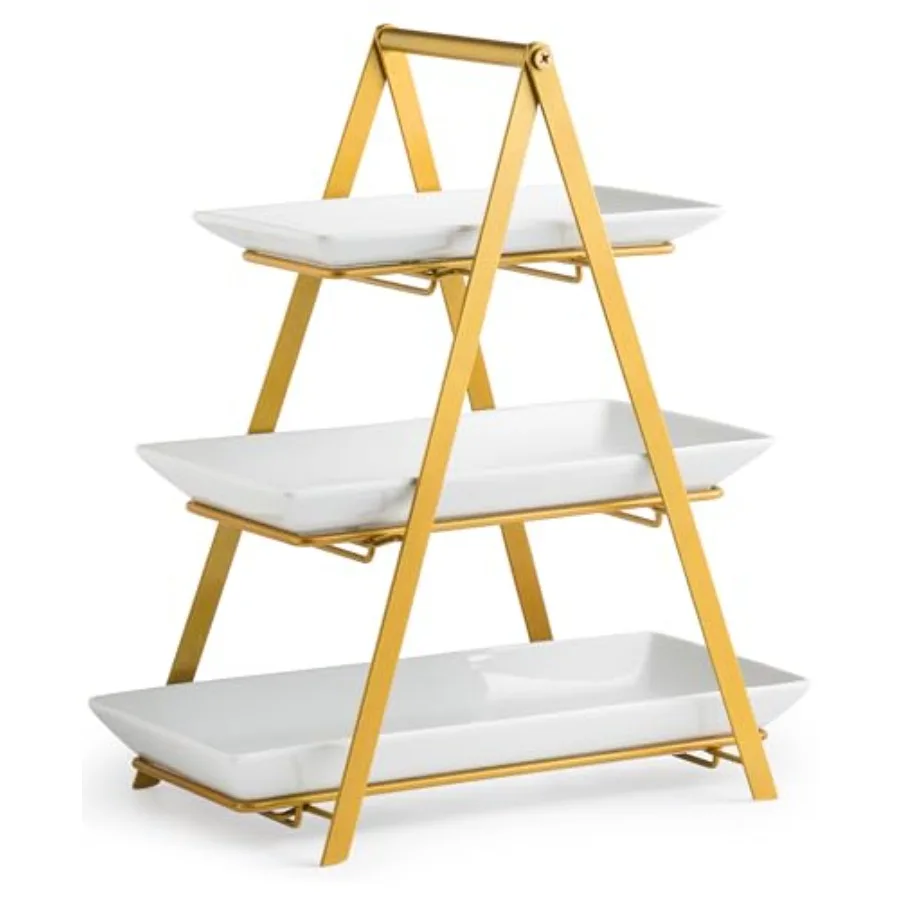 

3-х уровневый сервировочный поднос, фарфоровая многоуровневая подставка для подноса для элегантной демонстрации десертов, складная прочная стойка 10 + 12 + 14 дюймов с премиальным размером