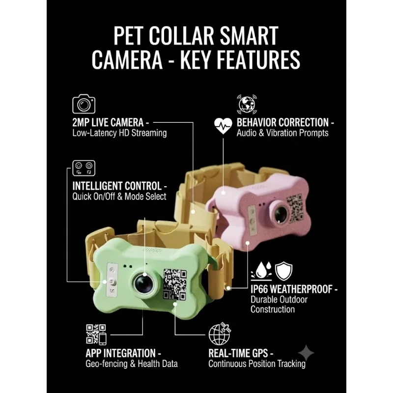 Smart Pet Collar Camera Real-time GPS Tracker IP66 Waterproof 2MP Live View Behavior Correction Vibration Training