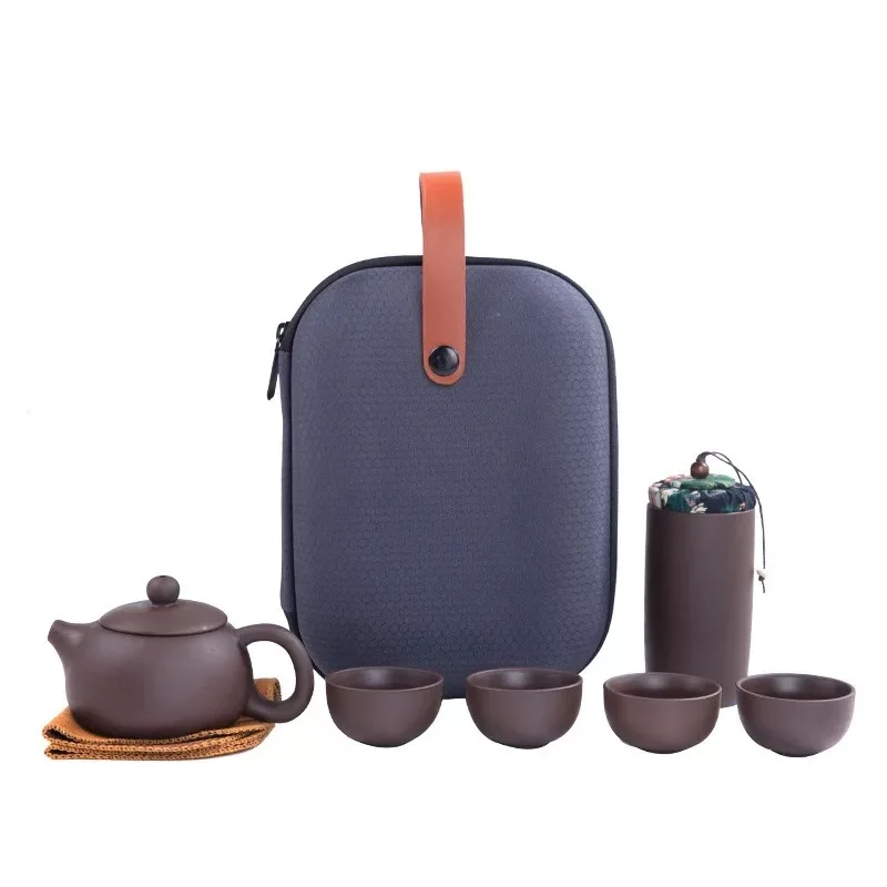 One Pot of Purple Clay Four Cups Outdoor Portable Tea Set Travel Tea Set Gift for Friends