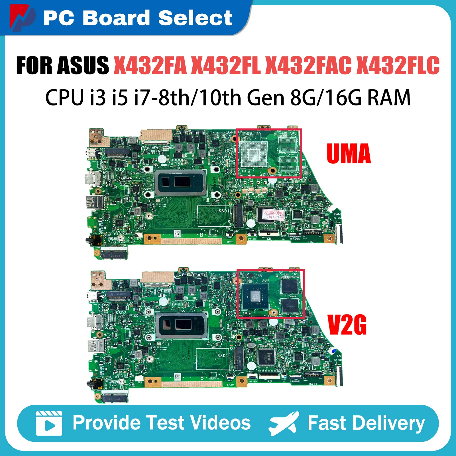 Notebook Mainboard For ASUS VivoBook X432FL X432FA X432FAC X432FLC Laptop Motherboard i3 i5 i7 8th 10th CPU 8GB 16GB RAM V2G UMA