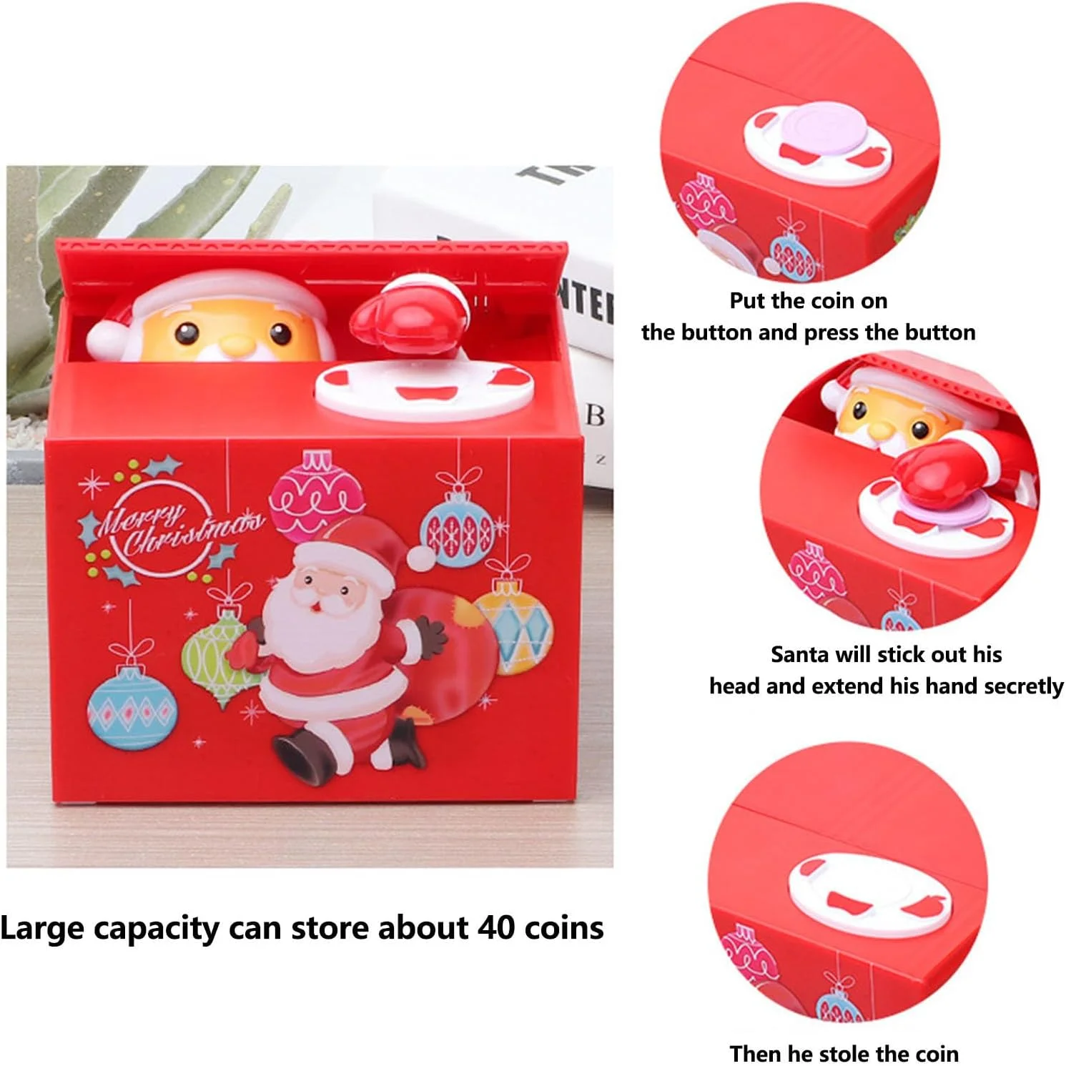 Salvadanaio per risparmio di Natale, scherzo musicale Babbo Natale Ruba denaro Moneta Salvadanaio Barattolo per riporre monete Regali per le vacanze di Natale non inclusi