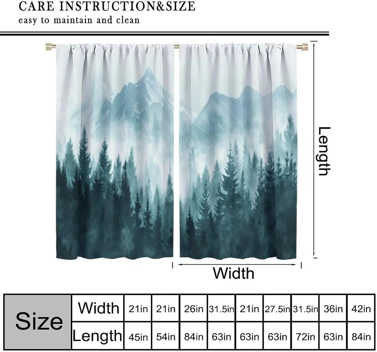 Watercolor Foggy Mountain Curtains, Teal Mist Pine Forest Snowy Peak Natural Scenery Drapes for Rustic Cabin Home Interior Decor