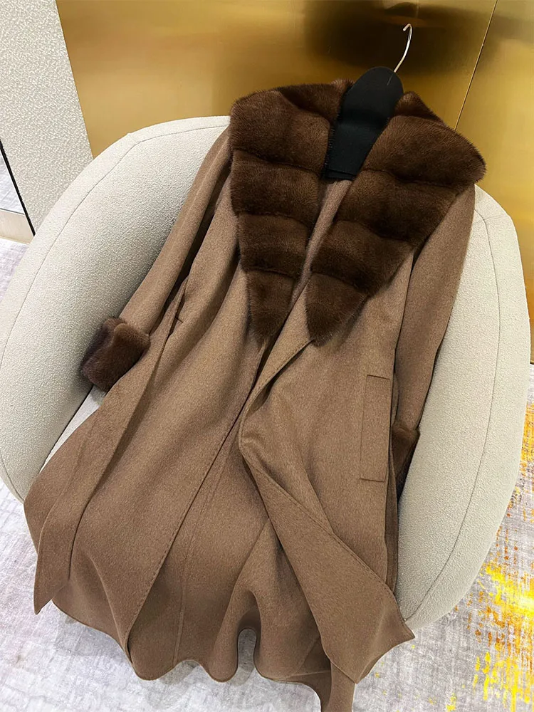 new high-end double-sided cashmere coat  Autumn and winter women's medium and long mink collar thin wool woolen coat