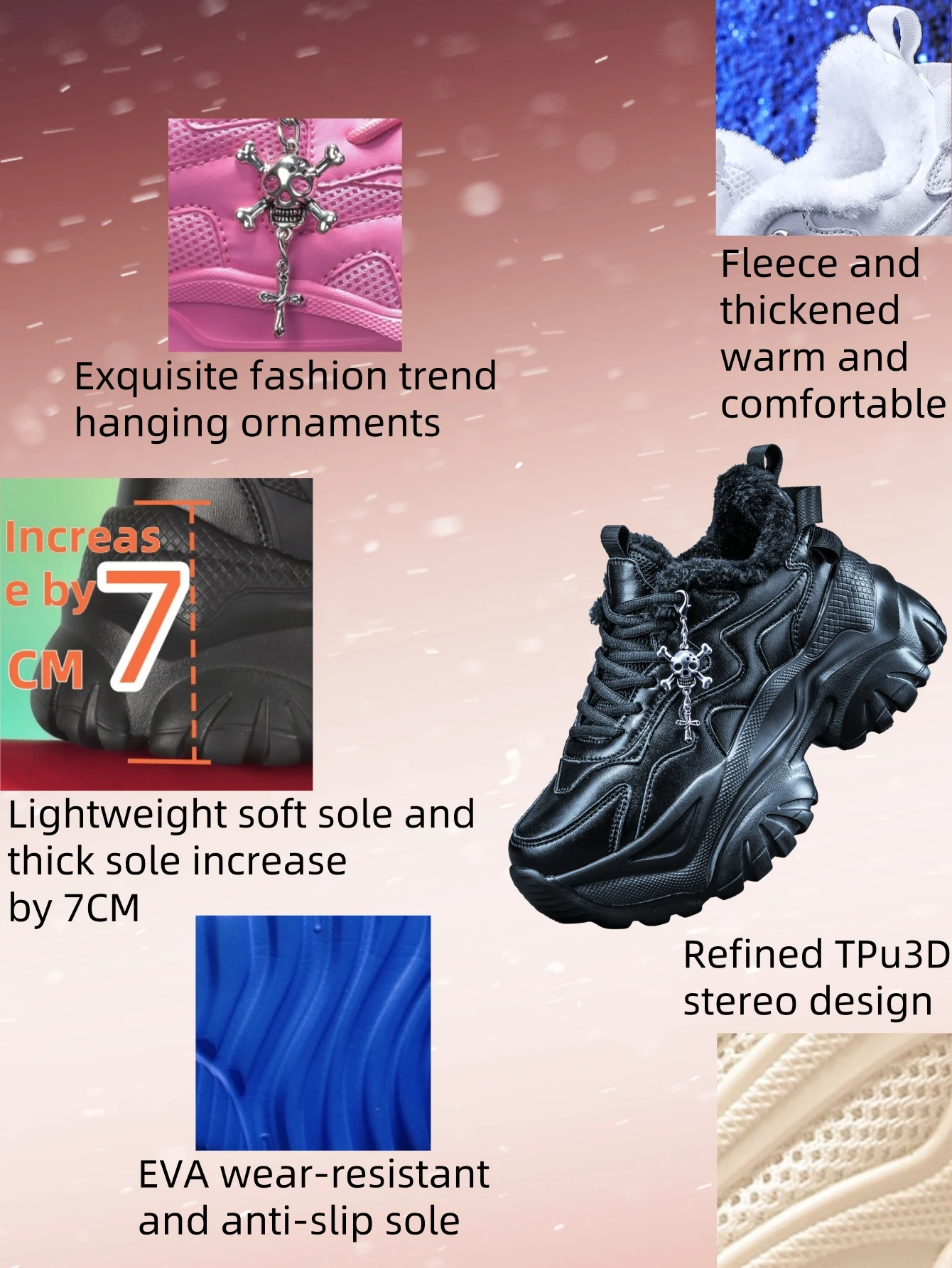 Schwarze vulkanisierte Schuhe im Y2K-Sweet-Cool-Stil für Damen, leichte Eva-Sneaker mit dicker Sohle und 7 cm Absatzhöhe, mit abnehmbarem silberfarbenem Kreuz-Schädel-Anhänger, geeignet für Outdoor-Winterwärme – Detail 2