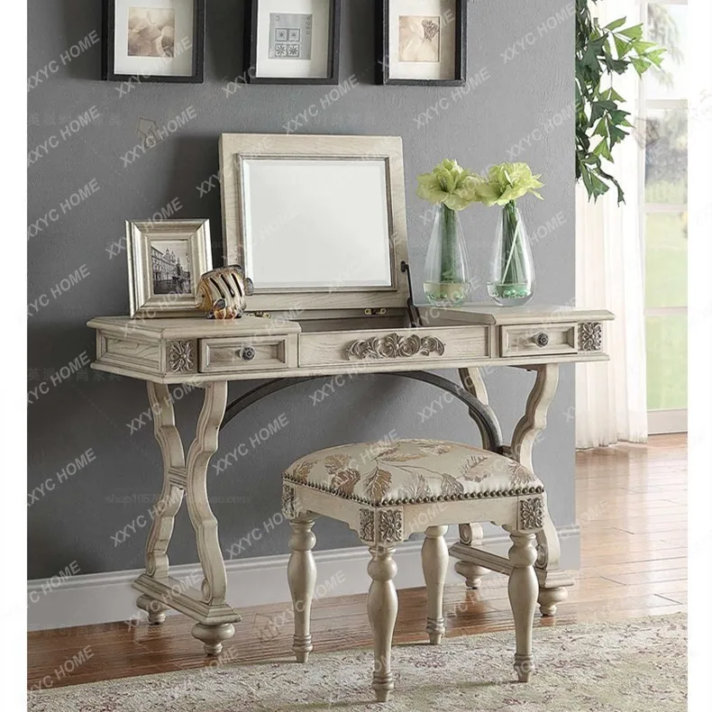 GG country solid wood chest retro ivory white old storage engraved five drawers
