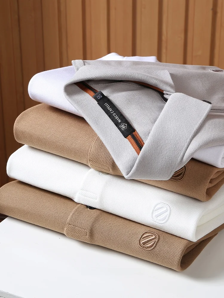 

Мужская повседневная дышащая хлопковая футболка с вышивкой, однотонная, с отложным воротником, высококачественная