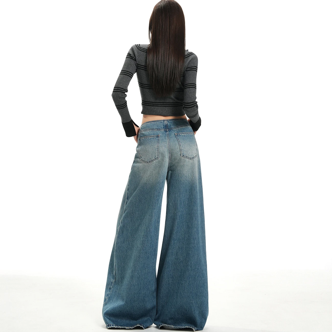 American Style High Waist Loose Straight Leg Blue Jeans Women's Autumn New Fashion Slimming Drapey Floor-Length Trousers