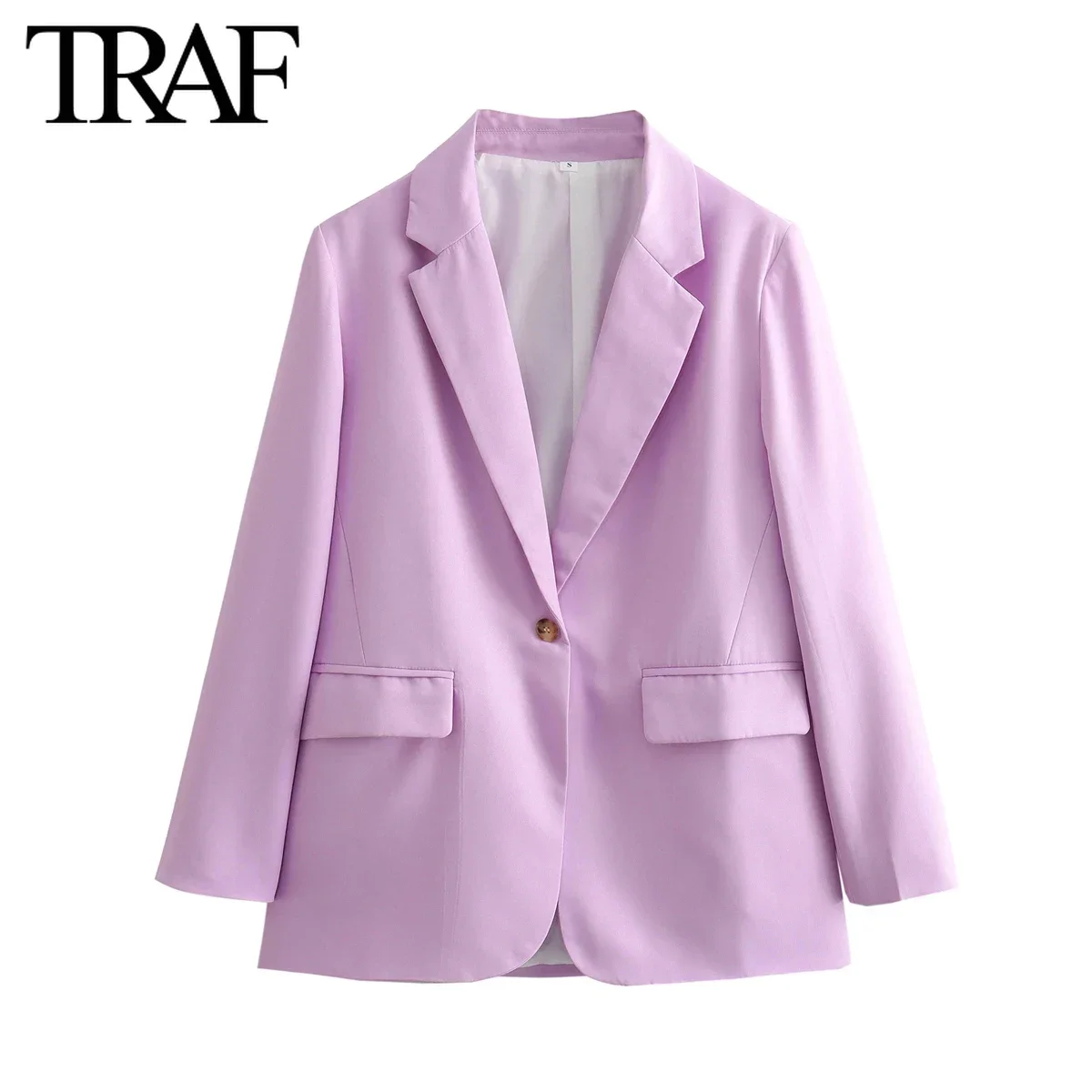 TRAF Women Fashion Commuter Long Sleeve Single Button Jacket Spring New Chic Female Flip Pocket Straight Blazers Suit Coat