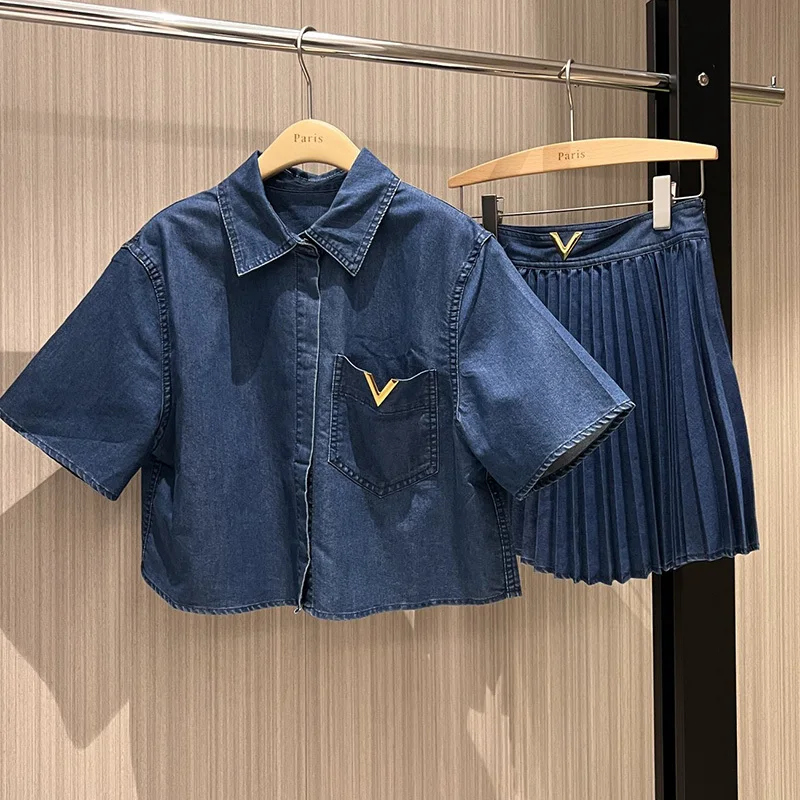 

Women's Classic Metal Letter Decorated Denim Skirt Set Fashion Short Sleeve Lapel Short Shirt Spice Girls Pleated Skirts New Y2k