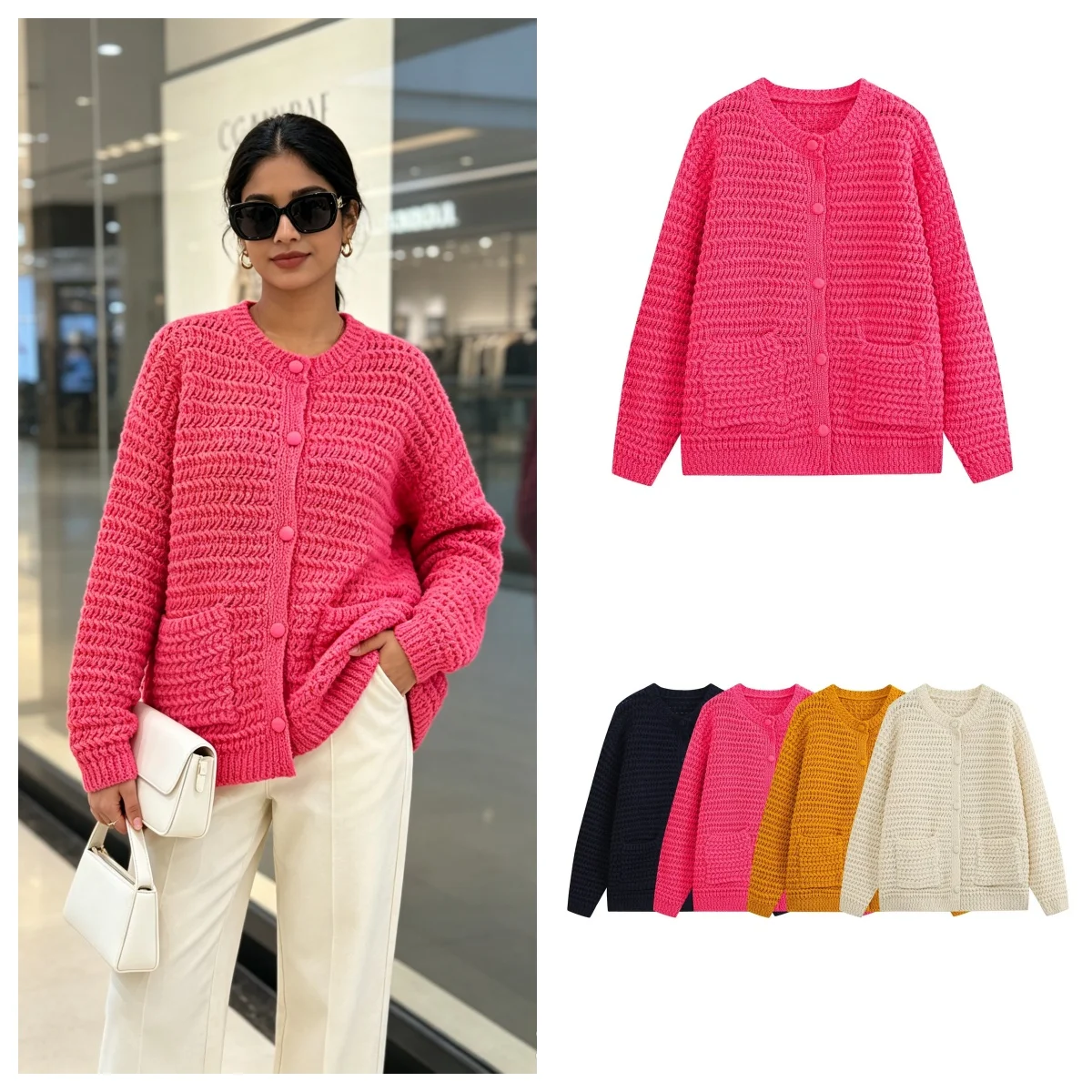 Women's Cardigan Sweater 2026 Autumn New Fashion Minimalist Long Sleeve Single-Breasted with Pocket Detail Knit Sweater Elegant