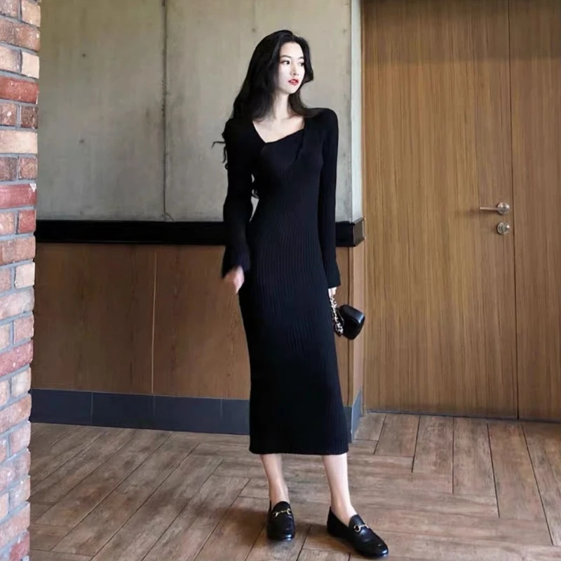 Gehaakte damesjurken Bodycon Knielengte Coole aanbiedingen Nieuw in hoge kwaliteit Uitverkoop Y2k Cover Up Midi Vrouwelijke gebreide jurk