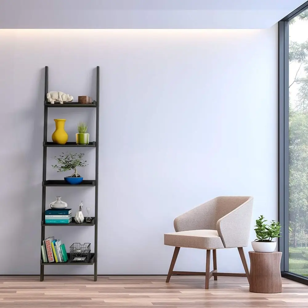 kula Ladder Shel, 5-Tier Multiunctional ern Wood Plant lower Book Display Shel, Home Oice Storage Rack Leaning Ladder Wall Shel