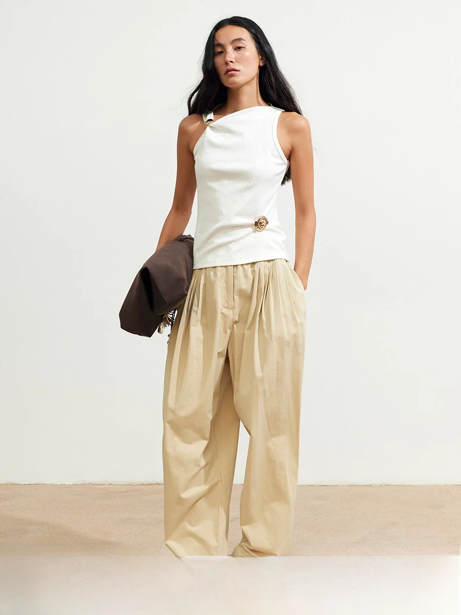 

Широкие повседневные брюки цвета хаки с эластичным поясом, плиссированные, длинные, удобные, 100% хлопок, для работы и повседневной носки, простые и стильные.