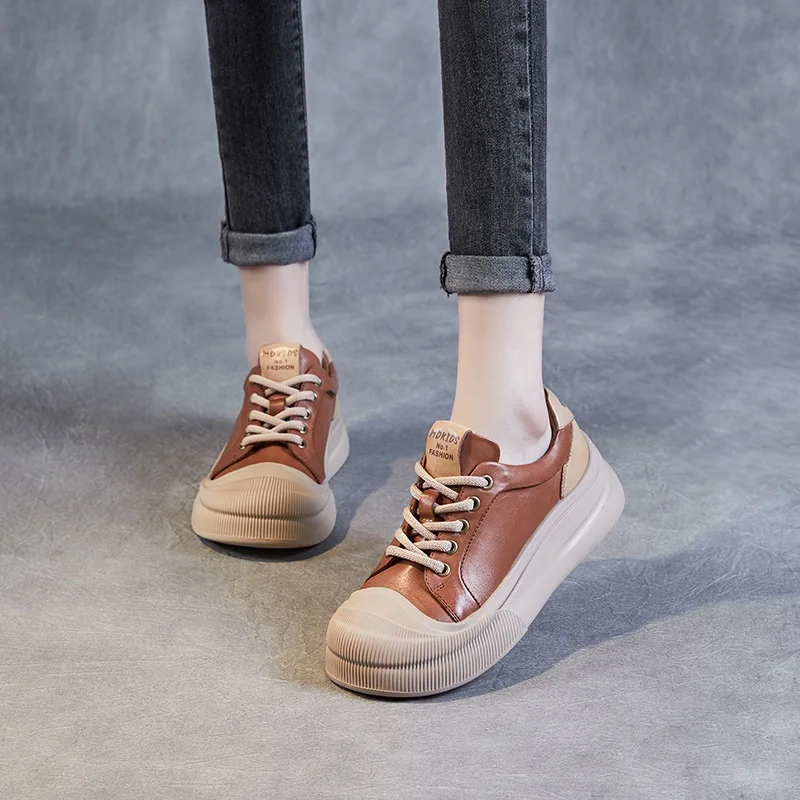 DRKANOL 2024 Women Chunky Platform Sneakers Round Toe Genuine Cow Leather Thick Bottom Casual Sneakers Mixed Colors Ladies Shoes