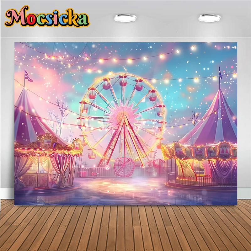 Ferris Wheel Backdrop For Photography Yellow Light Pink Circus Amusement Park Children Portrait Birthday Photo Background Banner