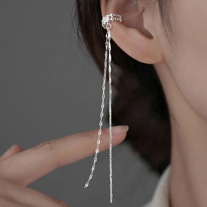 1Pcs 925 Silver Plated Crystal Tassel Chain Ear Clip Earrings For Women Ear Cuffs Jewelry No Piercing Jewelry eh483