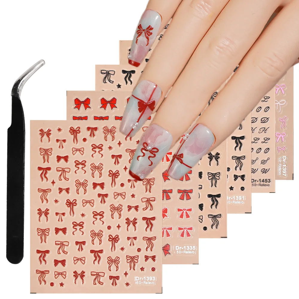 

6pcs 5D Embossed Bow Nail Stickers Retro Sweet Trendy Nail Art Decals for Women DIY Manicure Self-adhesive Decorations Supplies
