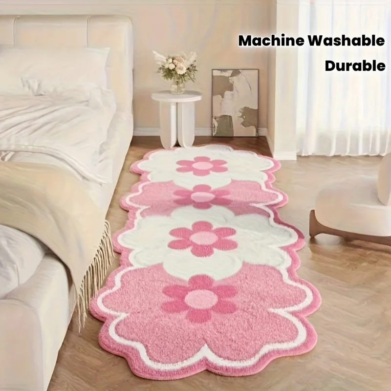 VIKAMA Cute Pink Flower Shaped Bedside Runner Rug, Soft Fluffy Non-Slip Bedroom Carpet, Kawaii Floral Floor Mat for Girls Room