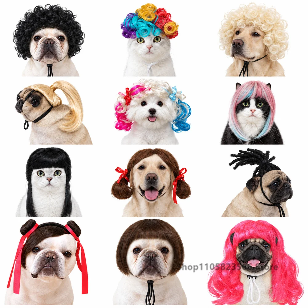 Pet Dog Cat Wig Cosplay Bobo Head Bangs Hair for Small Dogs Cats Halloween Party Fancy Dress Photo Prop Accessory Парик Косплей