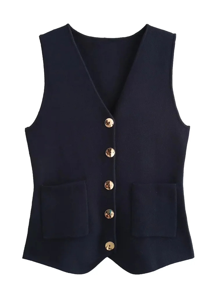 KAOPU ZA Women patch pockets knit vest top vintage v-neck sleeveless button-up female waistcoat chic tops