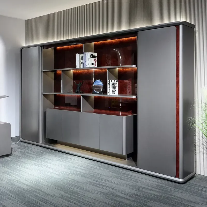Modern Living Room TV Display Cabinet Wall Unit with LED Light and Wood Veneer Finish