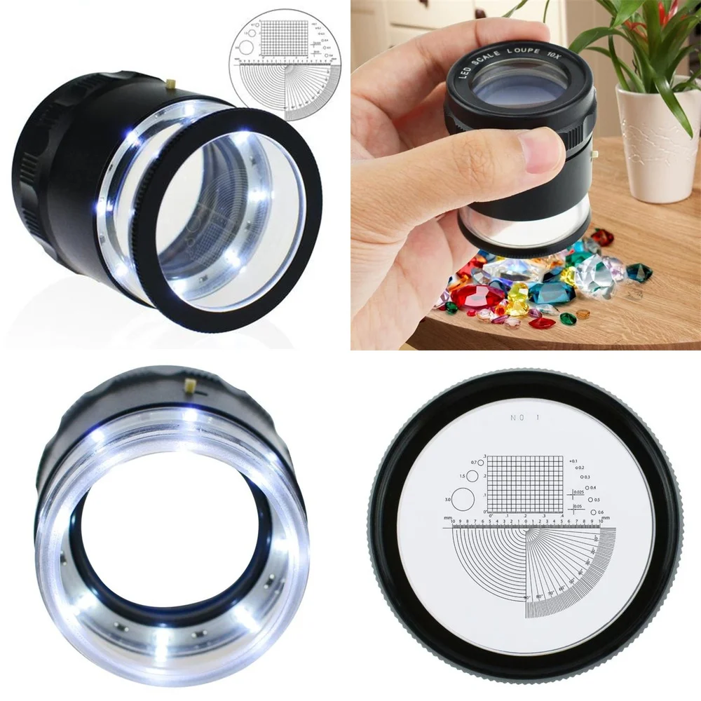 

Светодиодная HD-лупа 10X с трубчатой линзой и измерительной шкалой для точной инспекции, микроскоп для ремонта ювелирных изделий и часов
