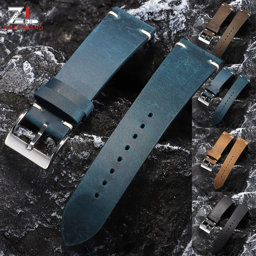18mm 20mm 21mm 22mm Oil Wax Leather Watchband Brown Soft Men Vintage Bracelet Handmade Stitching Cowhide Strap for Omega Watch