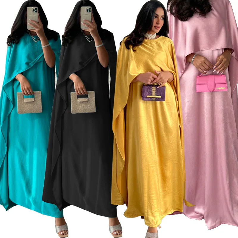 

Modest Muslim Robe Long Sleeves Dress Modern Fashion Satin Soft Abaya Middle East Dubai Arabic Elegant Dresses