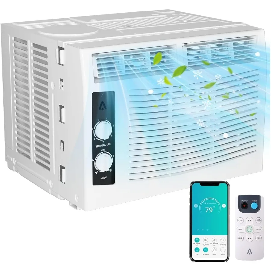 Aire acondicionado de ventana de 5000 BTU con control inteligente compatible con WiFi y operación remota ofrece 3 modos: ventilador frío y seco con ajustable