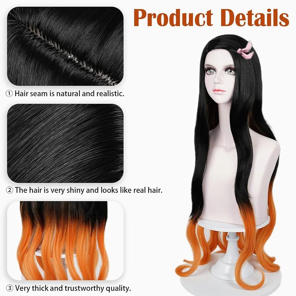 Rambut Komposit Cosplay Anime Demon Slayer Kamado Nezuko Berkualitas Tinggi 32-Inci Rambut Keriting Bergelombang Wig Pesta Harian Natal Halloween
