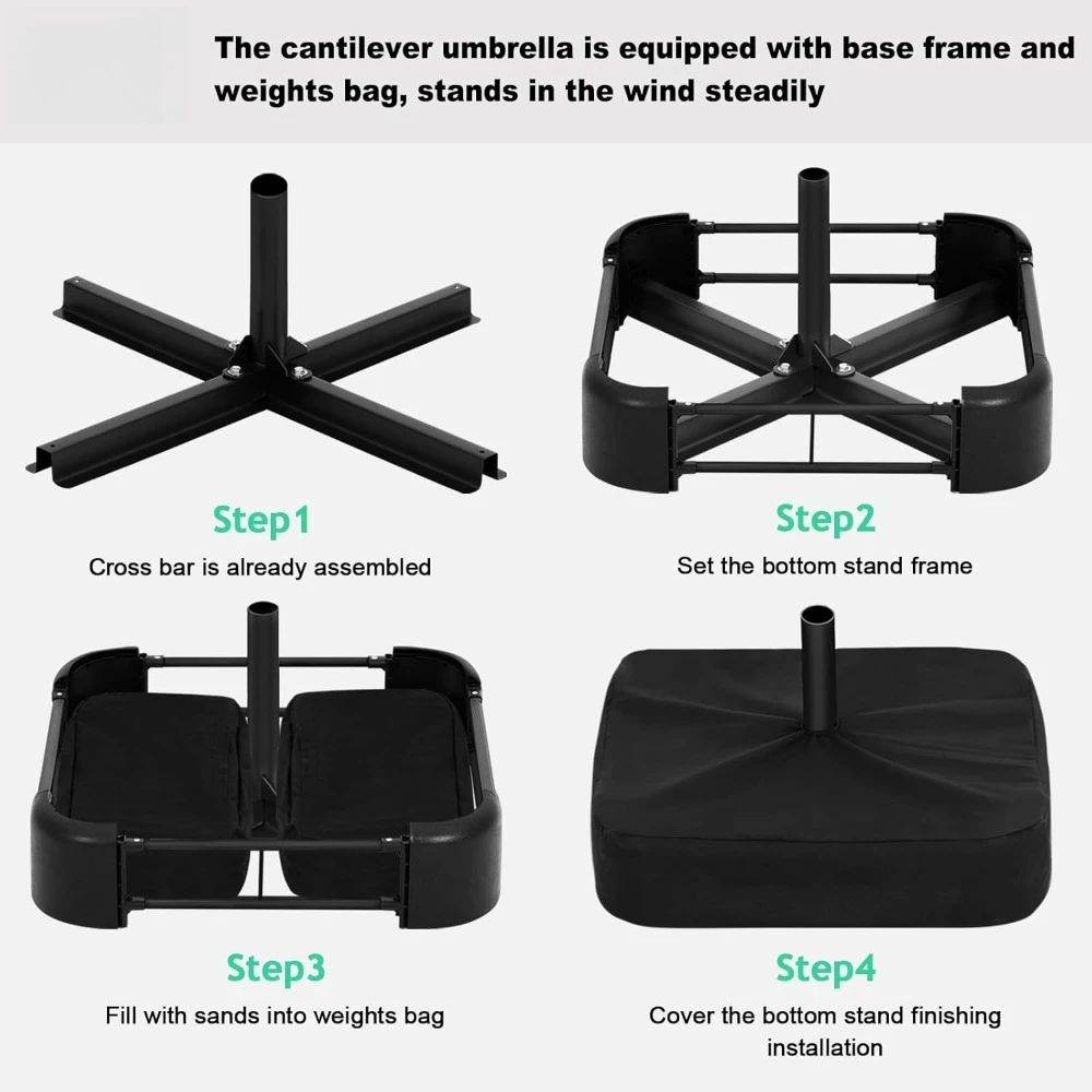 Ombrelloni da giardino a LED da 10 piedi, ombrellone a sbalzo con base, 360 °   Cornice fissa bonus per ombrellone offset illuminato da esterno con rotazione