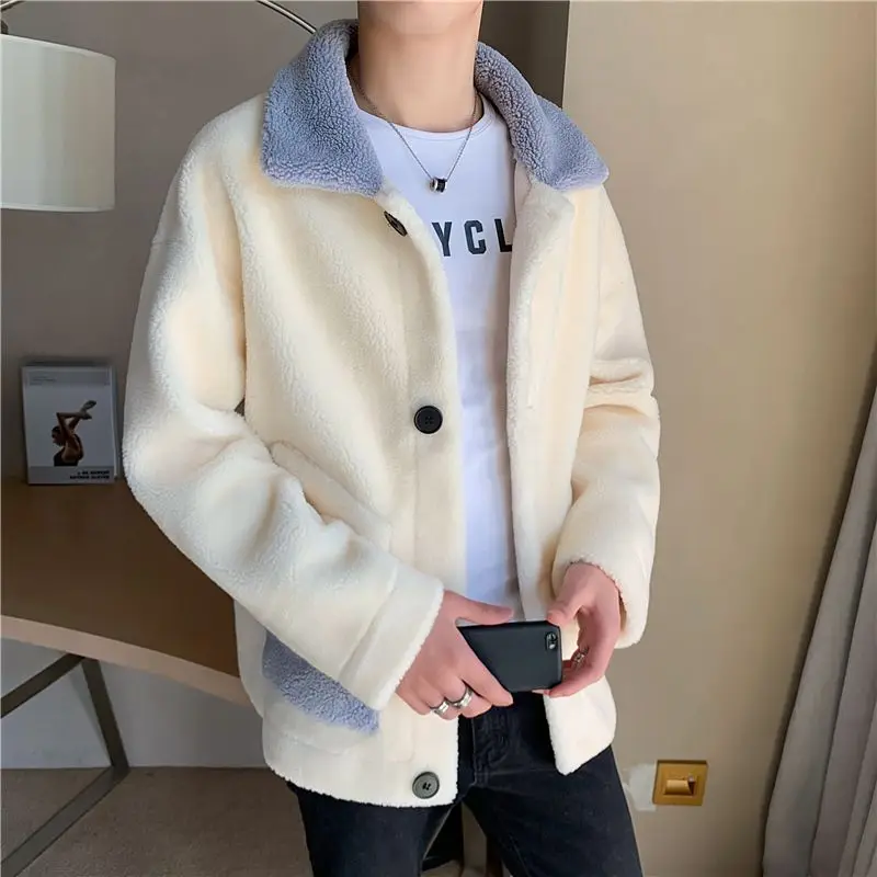 Autumn Winter New Fashion Long Sleeve Turn-down Collar Contrast Color Lamb Wool Trench Men's Clothing Korean Warm All-match Tops