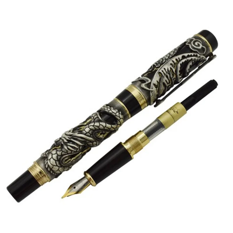 A+ 진하오 드래곤 피닉스 빈티지 만년필, 고급 조각 펜, 그레이 블랙