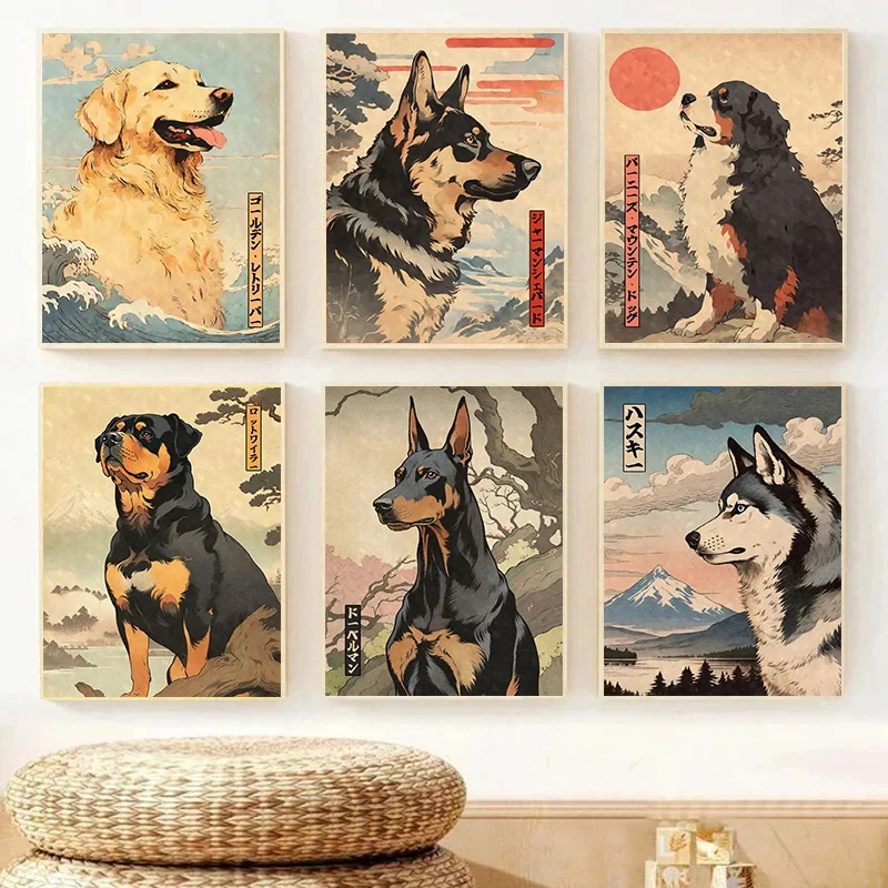 Doberman Pinscher Golden Retriever Dog Portrait Poster Japanese Vintage Ukiyo-e Print Canvas Painting Home Room Wall Art Decor