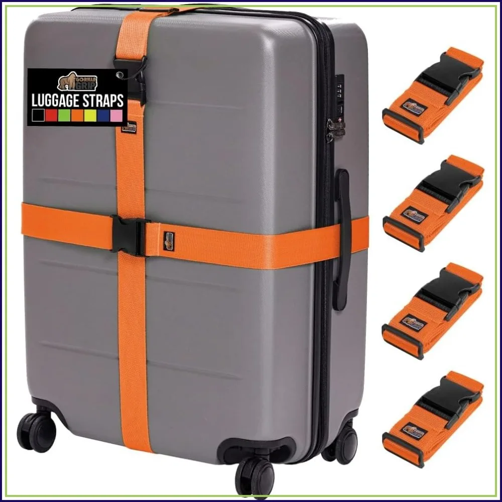 Heavy Duty 4 Pack Adjustable Luggage Straps for Suitcases, Travel Belt Connector Holds Bags Together, Orange