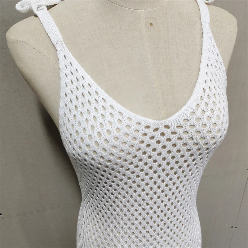 Sexy rückenfreies langes Verbandkleid für Damen, durchsichtiges Mesh-Schnürband, Strandstrick, Häkel-Bikini-Vertuschung, Sommer-Bademode, Robe