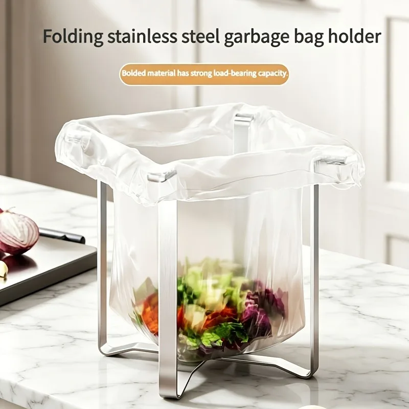 Folding Stainless Steel Trash Can Holder Floor Standing Trash Rack Storage Organizer, Space Saving Countertop Storage Shelf view 3