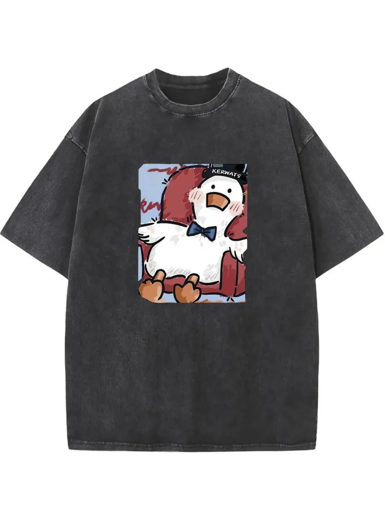 Men's Casual Street Style T-Shirt - Washed Vintage Pattern T-Shirt with Cute Mr. Goose Print, Suitable for All Seasons, Crew Neck Adult Top, Machine Washable, Holiday Gift, Everyday Comfort, Made from Soft Knit Fabric