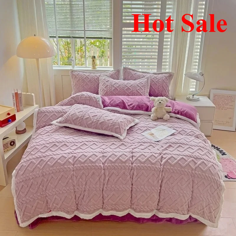 

2025 simple solid color Tafu fleece milk fleece bed sheet four-piece set small standard thickened warm and comfortable