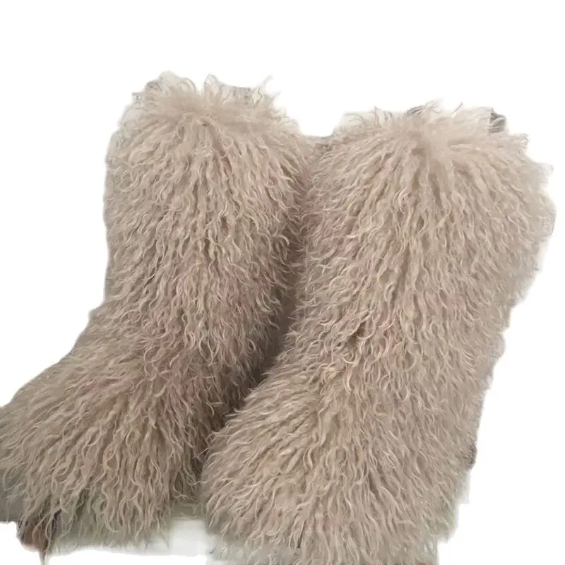 2024 Fashion Winter Lamb Skin Boots Long Hair Faux Mongolian Sheep Fur Boots Cover